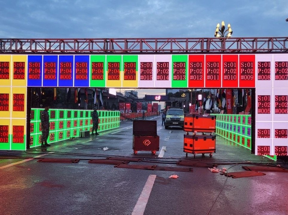 Modular LED Gateway — Event gateway and race-start structure built from modular LED panels